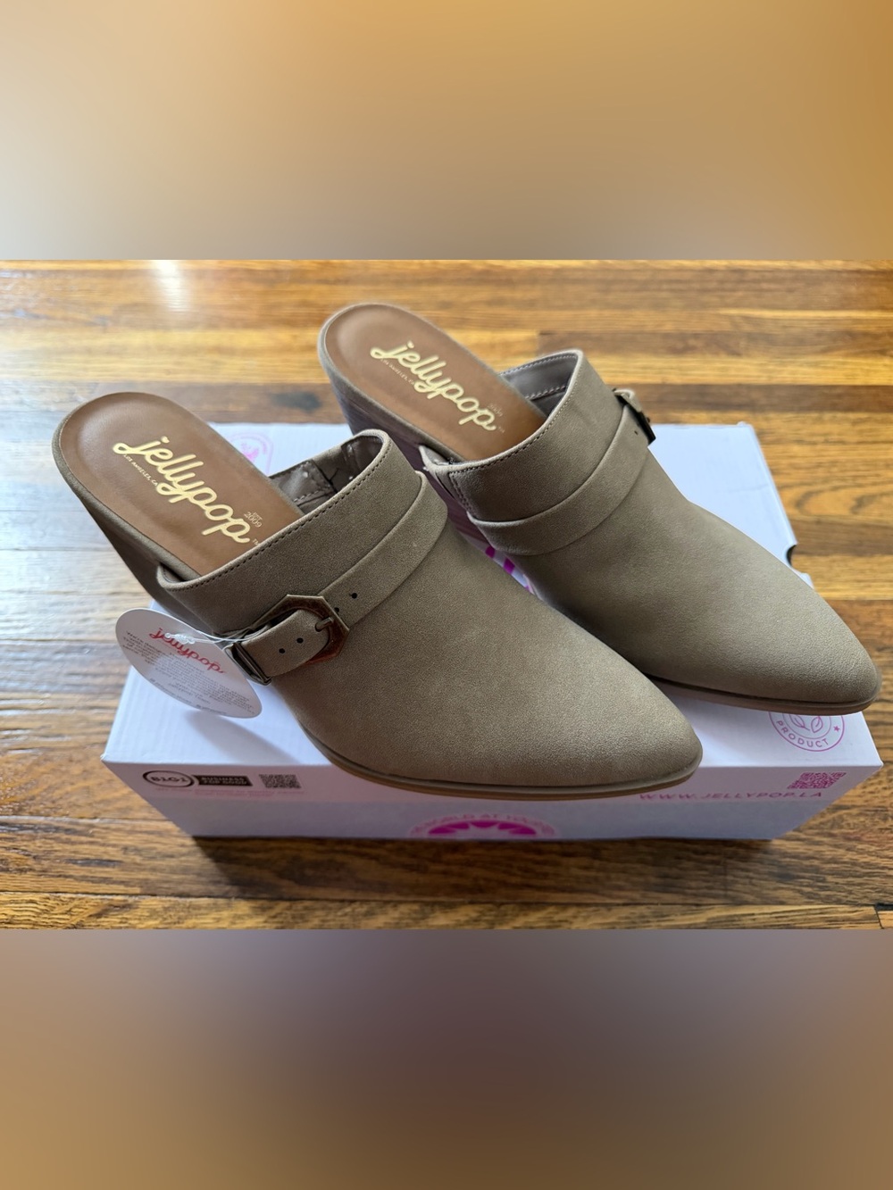 Jellypop Taupe Pointed Slip-On Mule with Buckle Detail